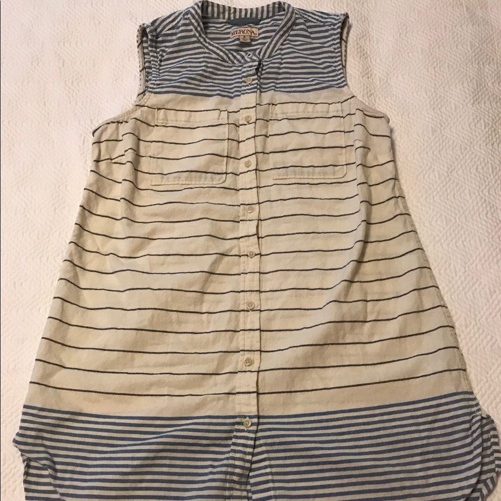 Blue and cream striped button down shirt